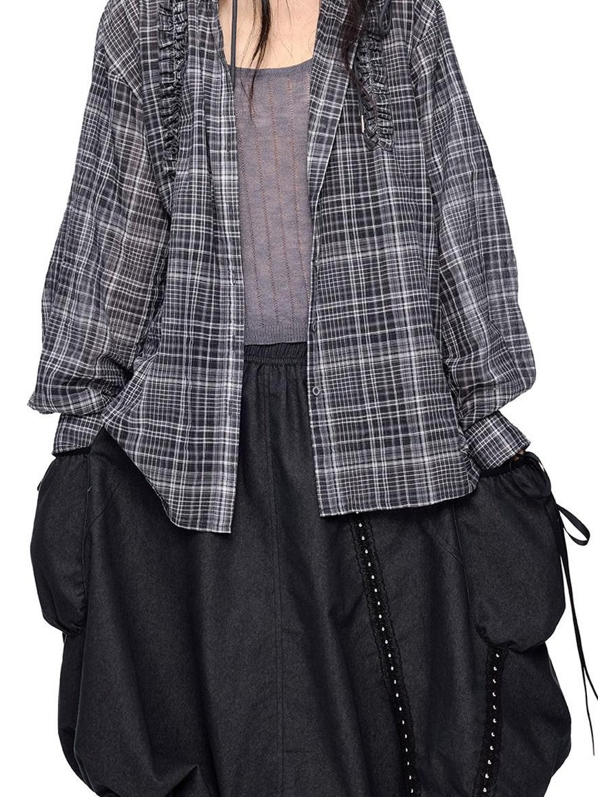 EZEK Checked Shirred Hooded Vintage Women's Cotton Blend Shirt Jackets