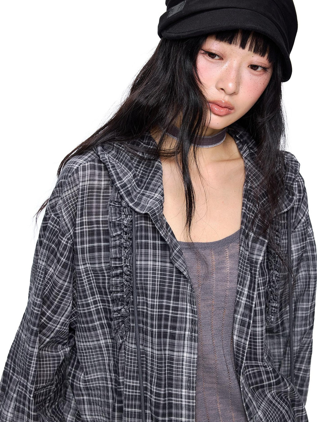 EZEK Checked Shirred Hooded Vintage Women's Cotton Blend Shirt Jackets