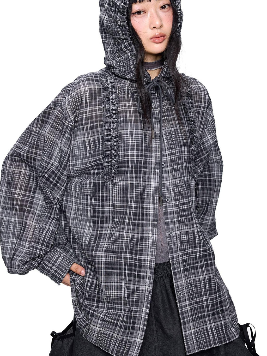 EZEK Checked Shirred Hooded Vintage Women's Cotton Blend Shirt Jackets