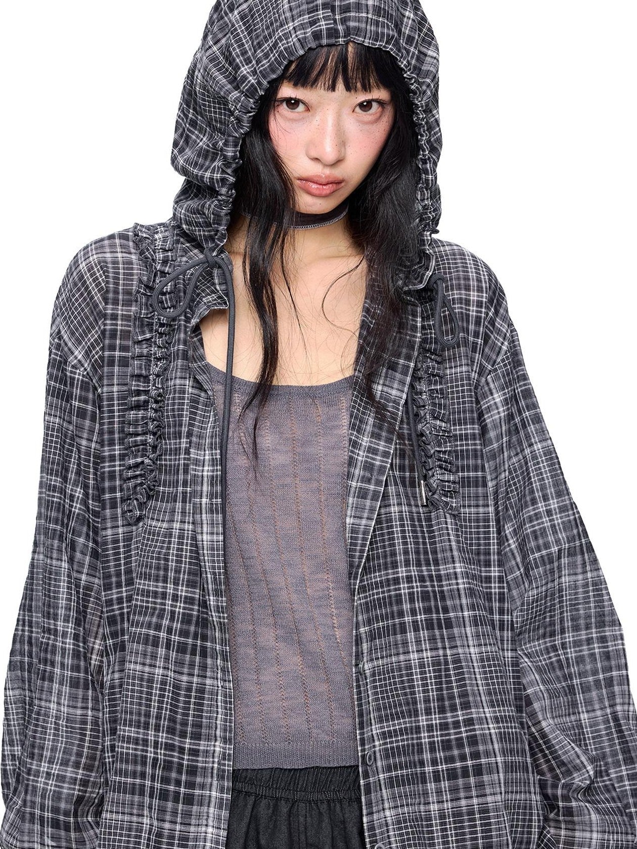 EZEK Checked Shirred Hooded Vintage Women's Cotton Blend Shirt Jackets