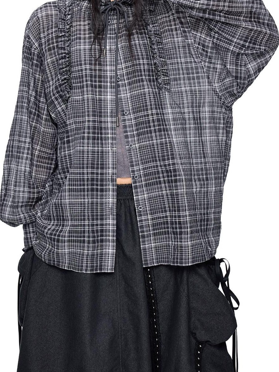 EZEK Checked Shirred Hooded Vintage Women's Cotton Blend Shirt Jackets