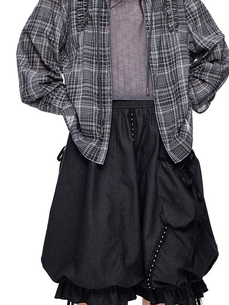 EZEK Checked Shirred Hooded Vintage Women's Cotton Blend Shirt Jackets