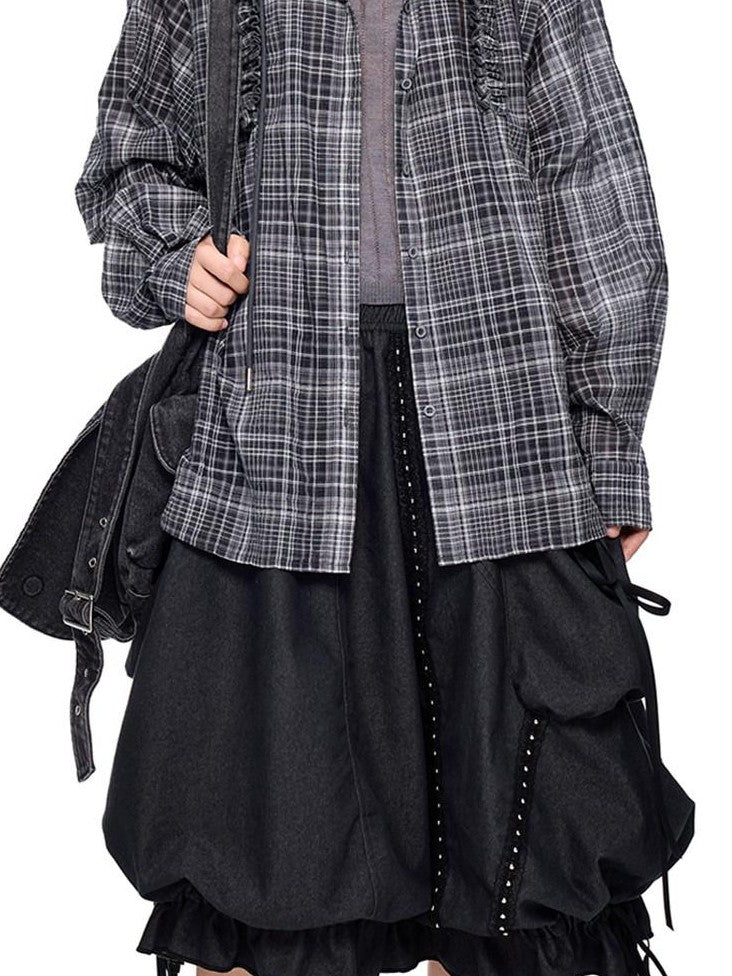 EZEK Checked Shirred Hooded Vintage Women's Cotton Blend Shirt Jackets