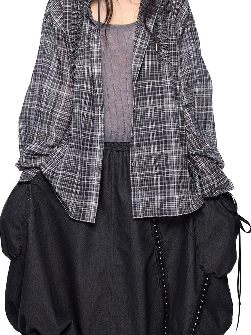EZEK Checked Shirred Hooded Vintage Women's Cotton Blend Shirt Jackets