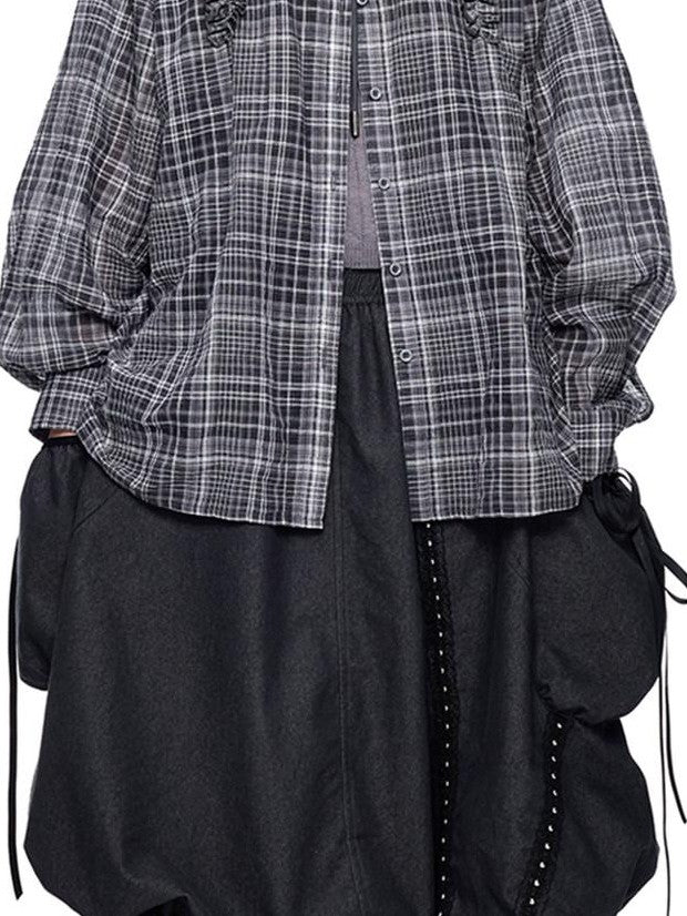 EZEK Checked Shirred Hooded Vintage Women's Cotton Blend Shirt Jackets