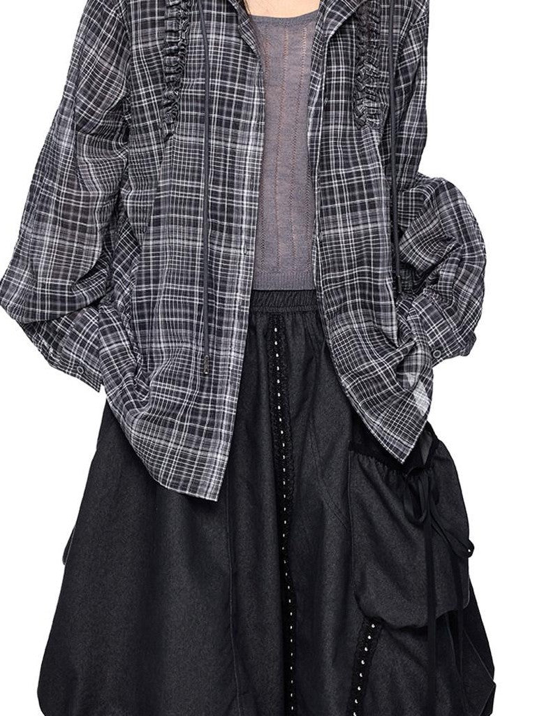 EZEK Checked Shirred Hooded Vintage Women's Cotton Blend Shirt Jackets