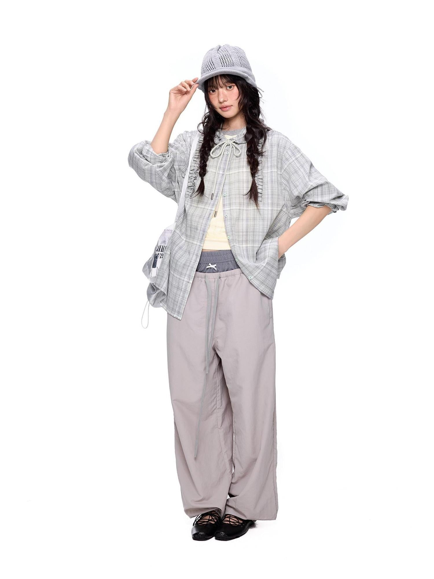 EZEK Checked Shirred Hooded Vintage Women's Cotton Blend Shirt Jackets
