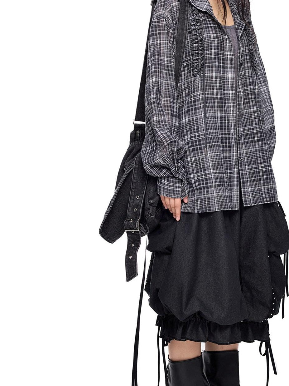 EZEK Checked Shirred Hooded Vintage Women's Cotton Blend Shirt Jackets