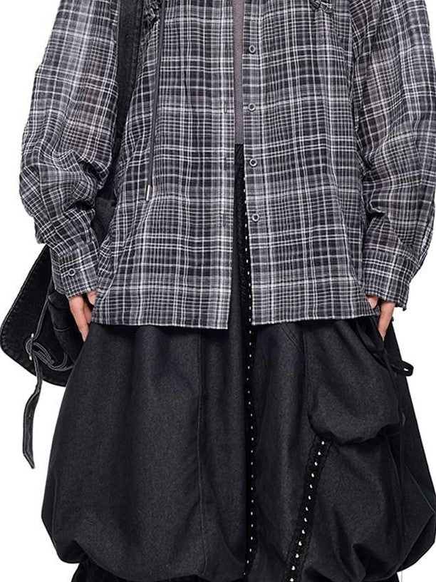EZEK Checked Shirred Hooded Vintage Women's Cotton Blend Shirt Jackets