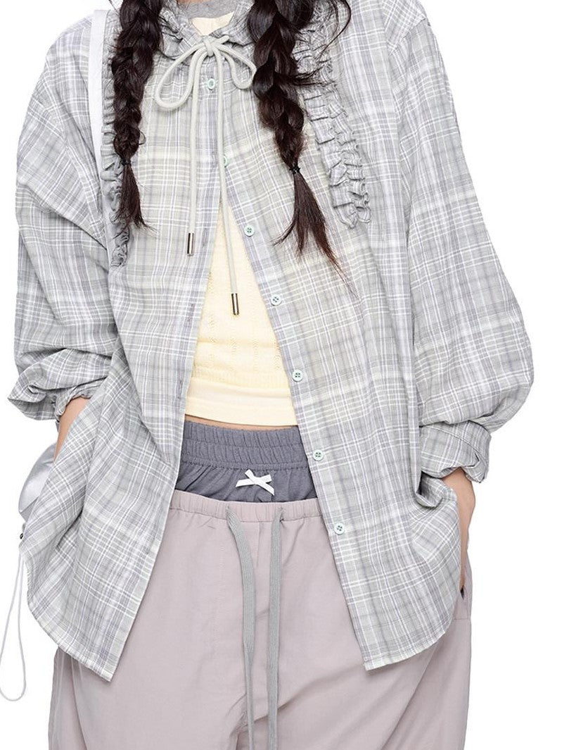 EZEK Checked Shirred Hooded Vintage Women's Cotton Blend Shirt Jackets