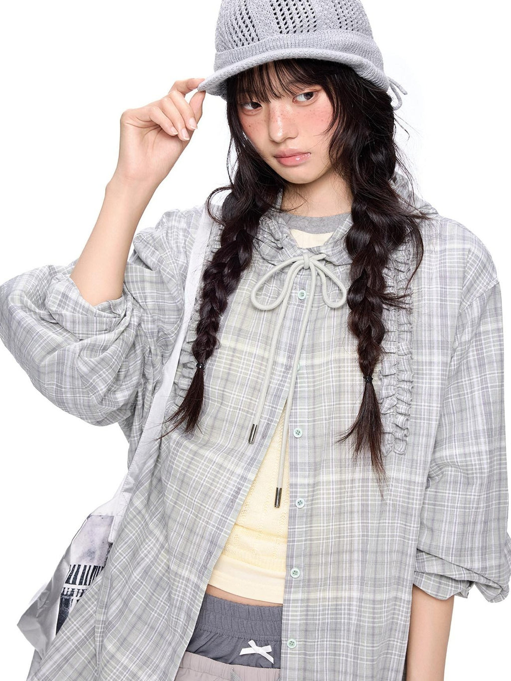 EZEK Checked Shirred Hooded Vintage Women's Cotton Blend Shirt Jackets
