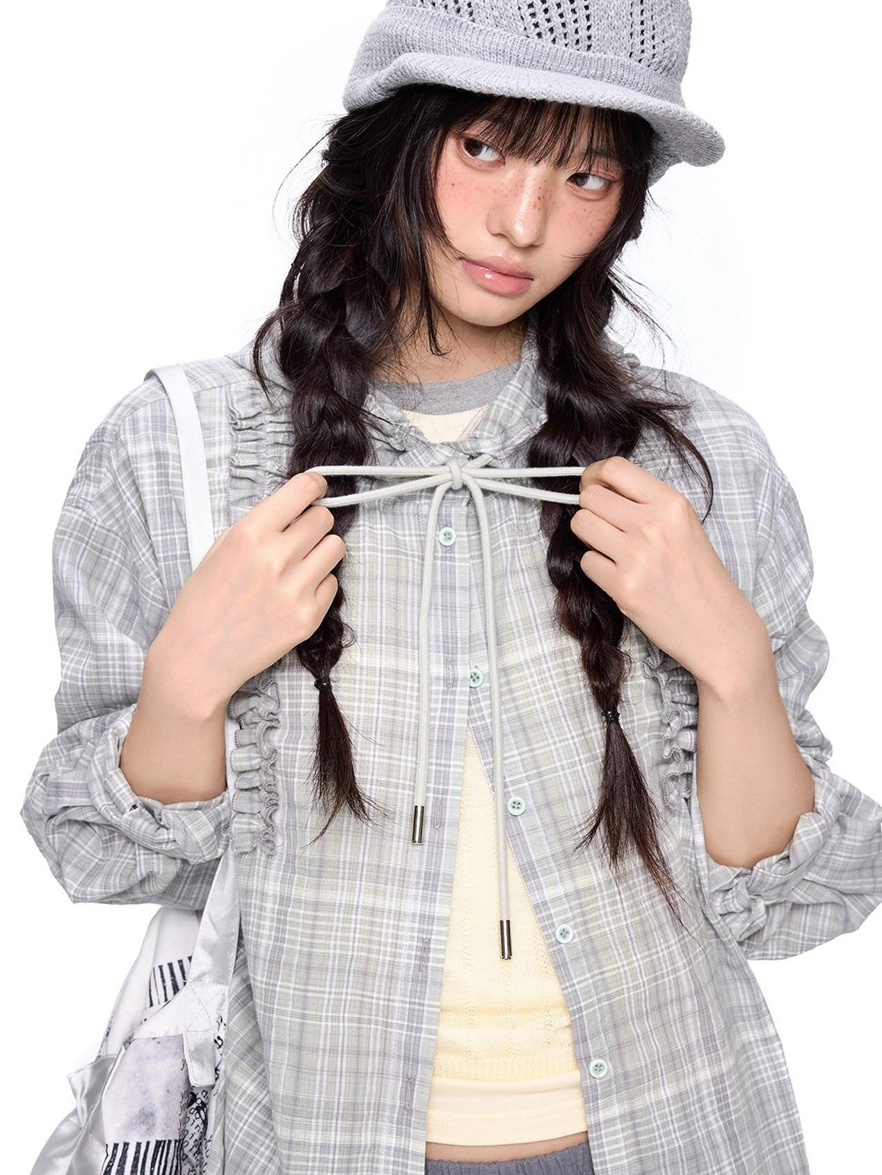 EZEK Checked Shirred Hooded Vintage Women's Cotton Blend Shirt Jackets