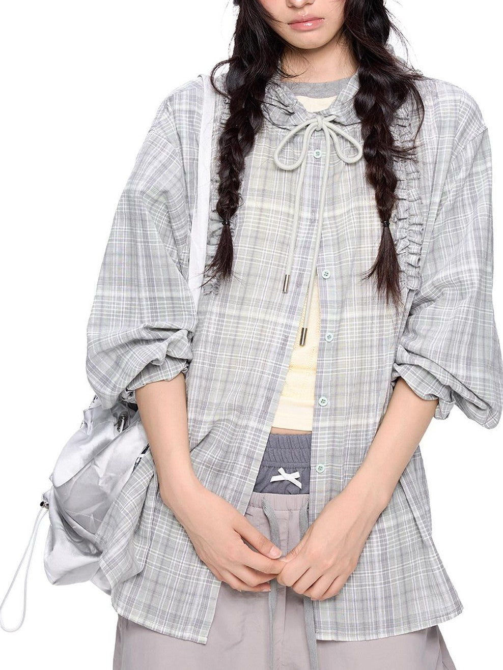 EZEK Checked Shirred Hooded Vintage Women's Cotton Blend Shirt Jackets