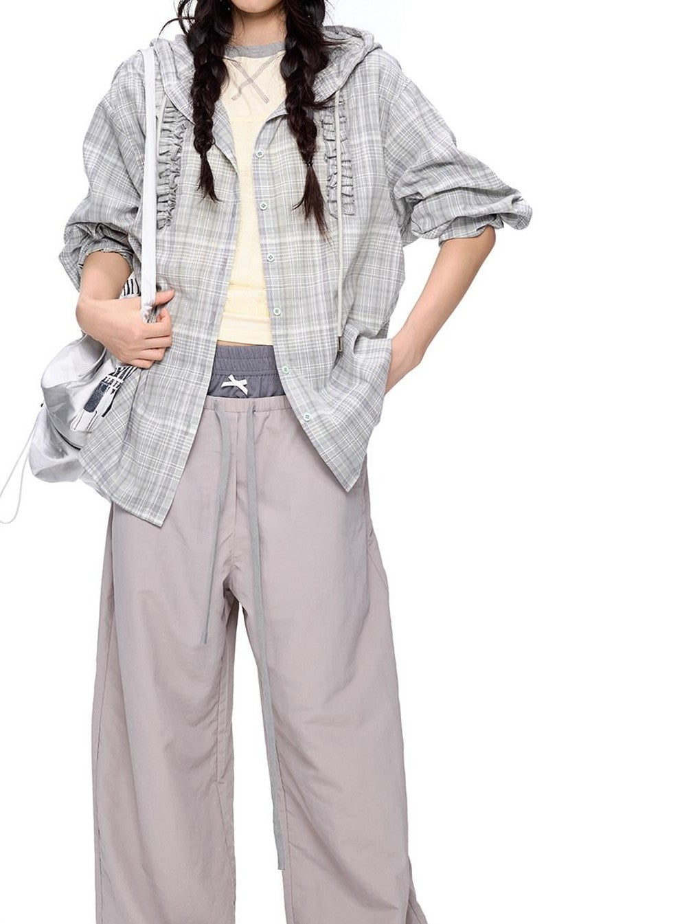 EZEK Checked Shirred Hooded Vintage Women's Cotton Blend Shirt Jackets