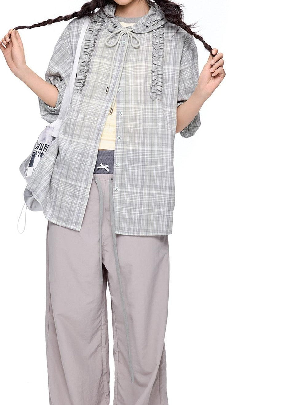 EZEK Checked Shirred Hooded Vintage Women's Cotton Blend Shirt Jackets