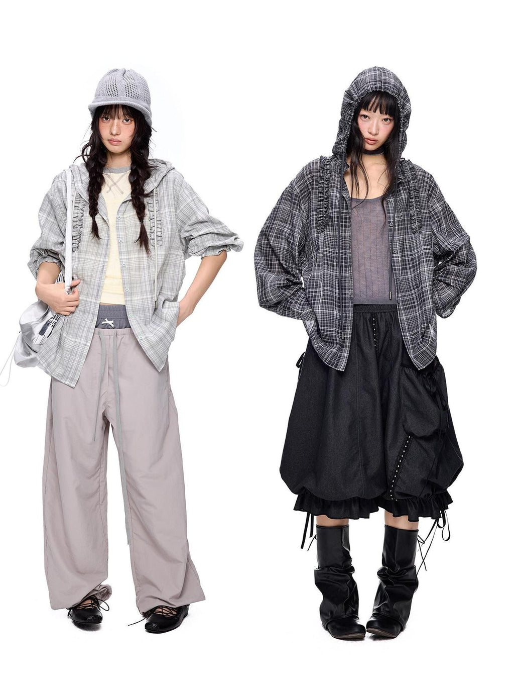 EZEK Checked Shirred Hooded Vintage Women's Cotton Blend Shirt Jackets