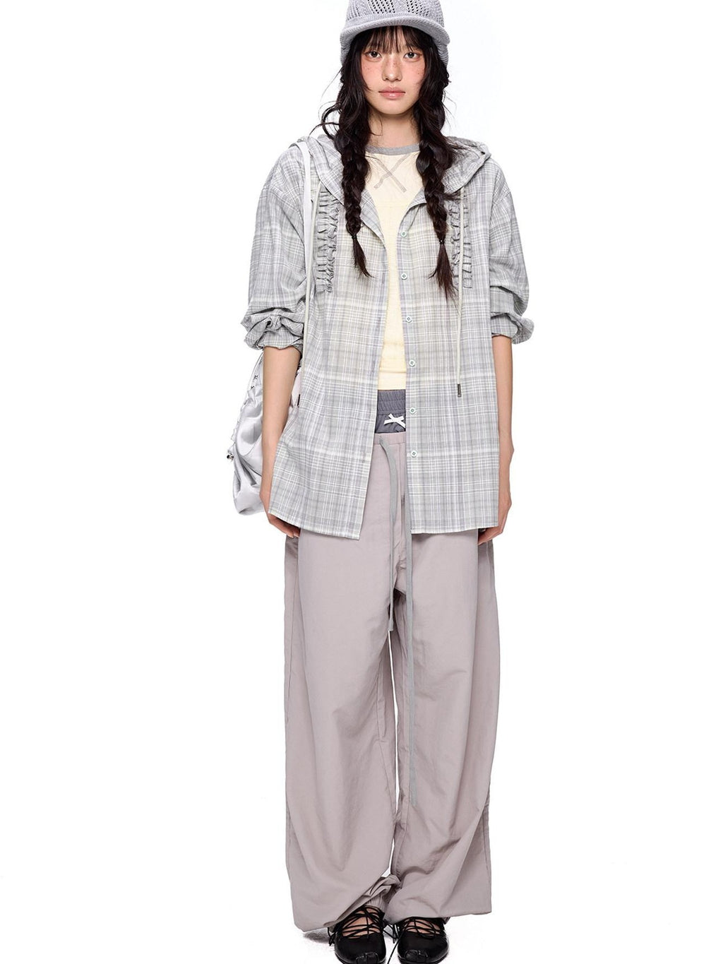 EZEK Checked Shirred Hooded Vintage Women's Cotton Blend Shirt Jackets