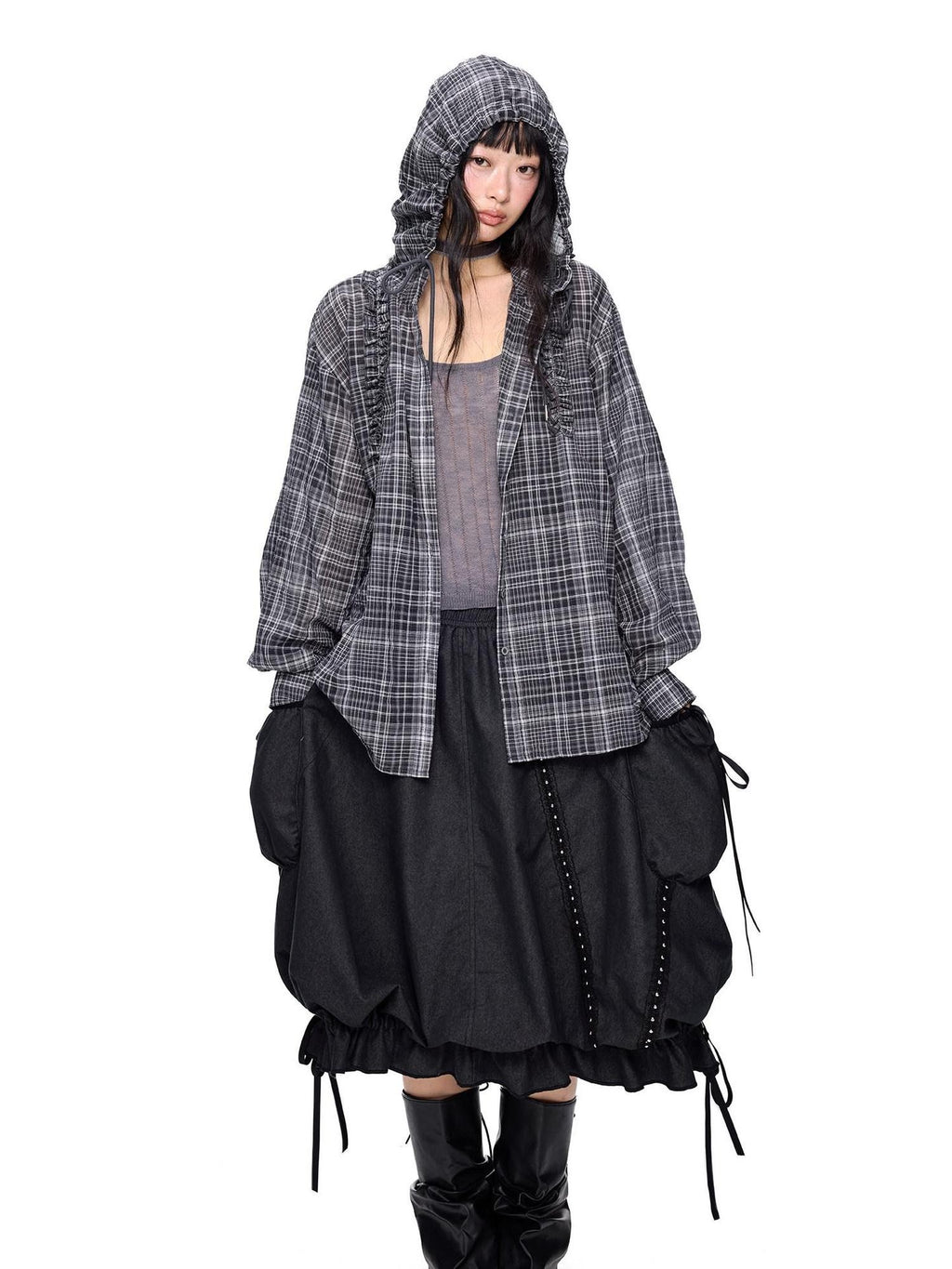 EZEK Checked Shirred Hooded Vintage Women's Cotton Blend Shirt Jackets