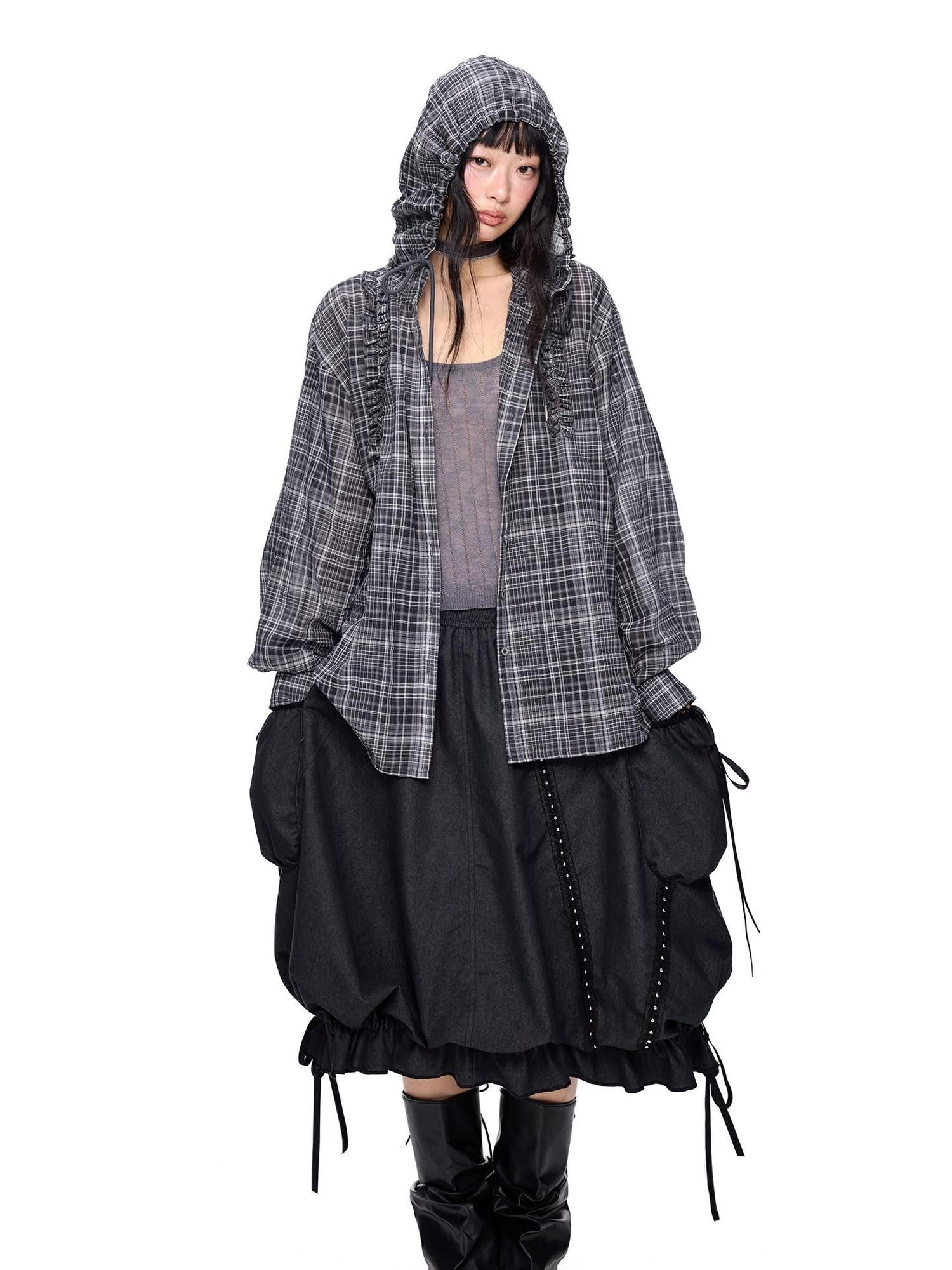EZEK Checked Shirred Hooded Vintage Women's Cotton Blend Shirt Jackets