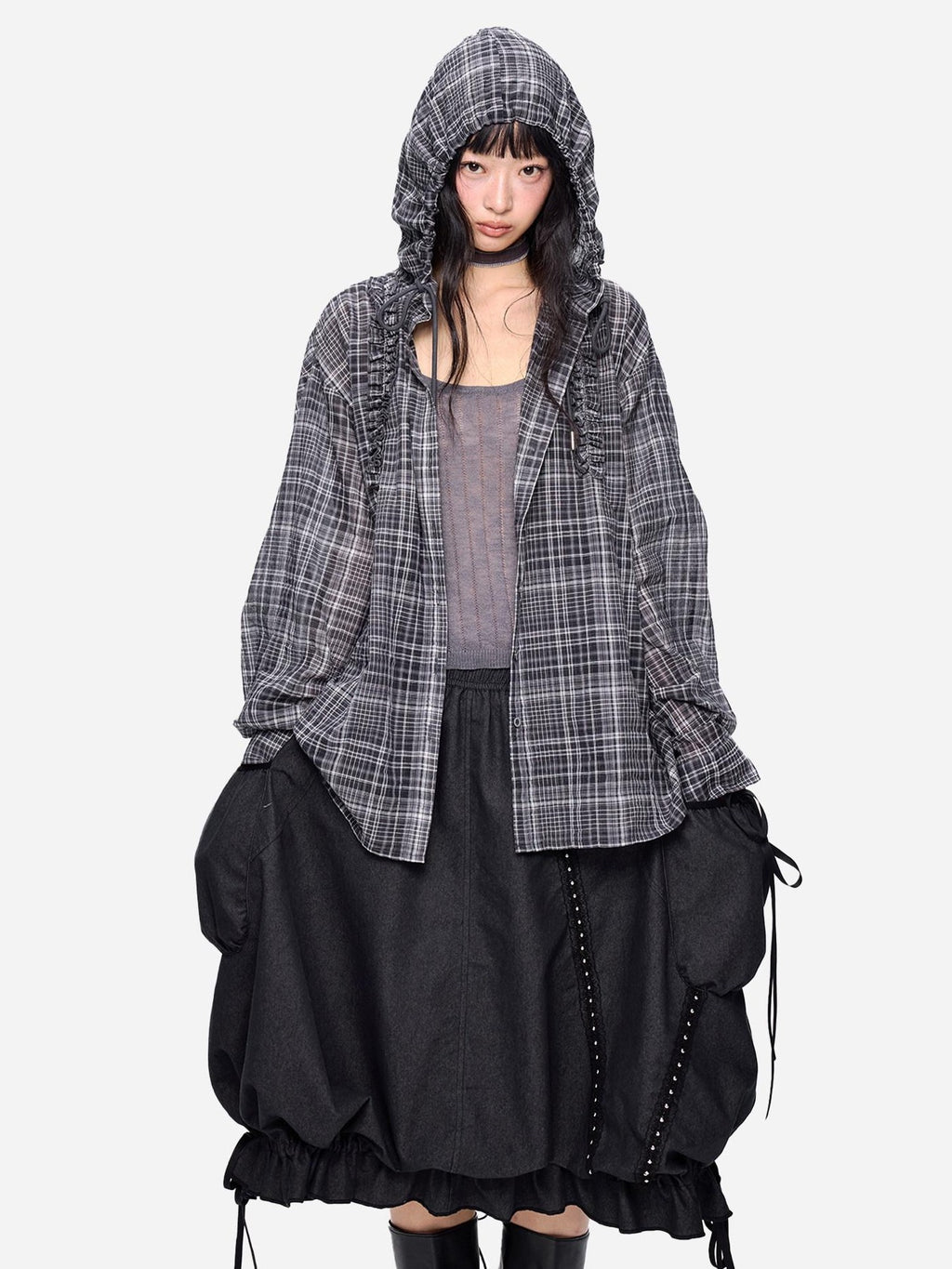 EZEK Checked Shirred Hooded Vintage Women's Cotton Blend Shirt Jackets