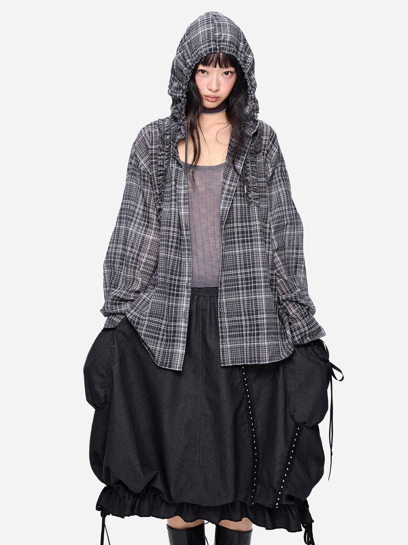 EZEK Checked Shirred Hooded Vintage Women's Cotton Blend Shirt Jackets