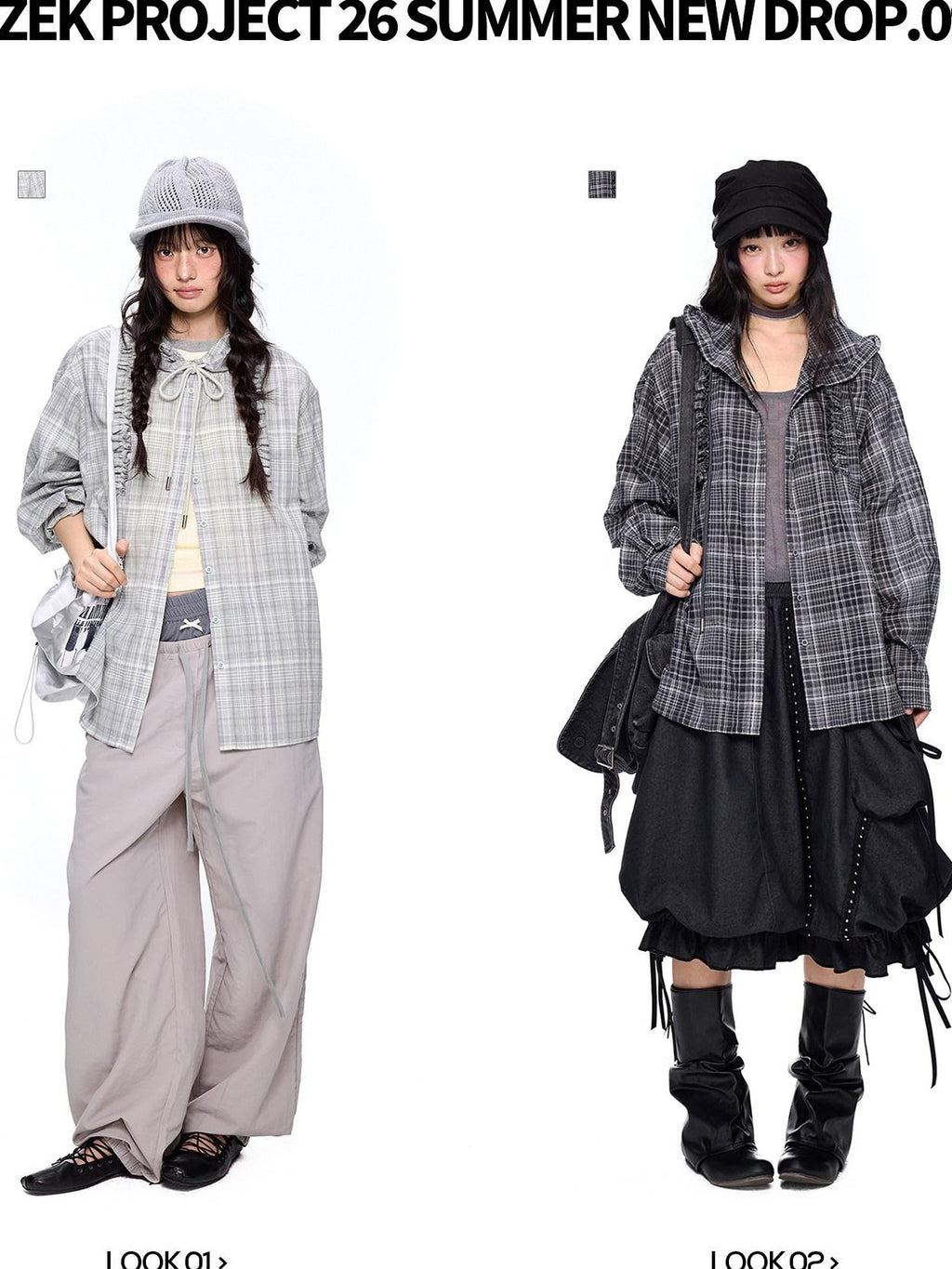 EZEK Checked Shirred Hooded Vintage Women's Cotton Blend Shirt Jackets