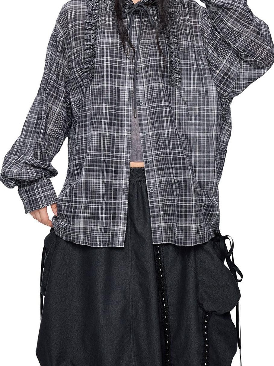 EZEK Checked Shirred Hooded Vintage Women's Cotton Blend Shirt Jackets