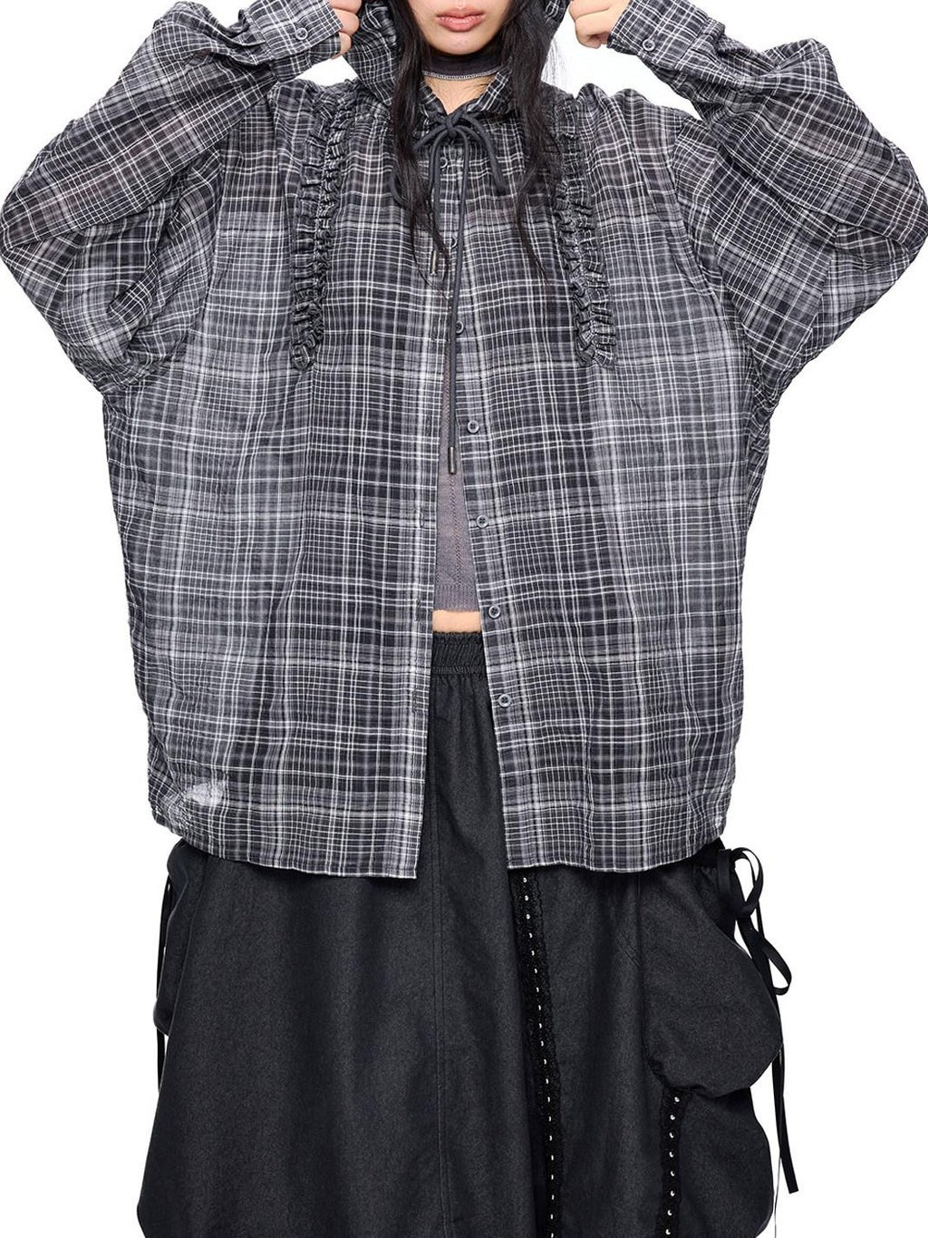 EZEK Checked Shirred Hooded Vintage Women's Cotton Blend Shirt Jackets