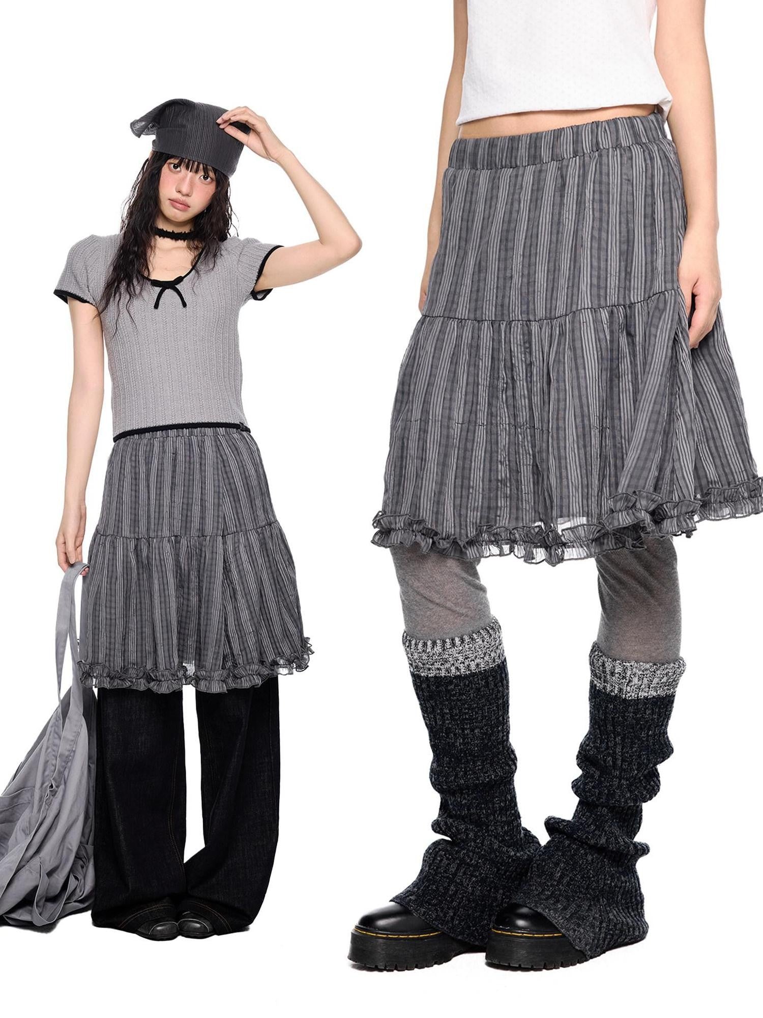 EZEK Checked Splice Bubble Gauze Pocket Women's Polyester Breathable Tiered Skirts