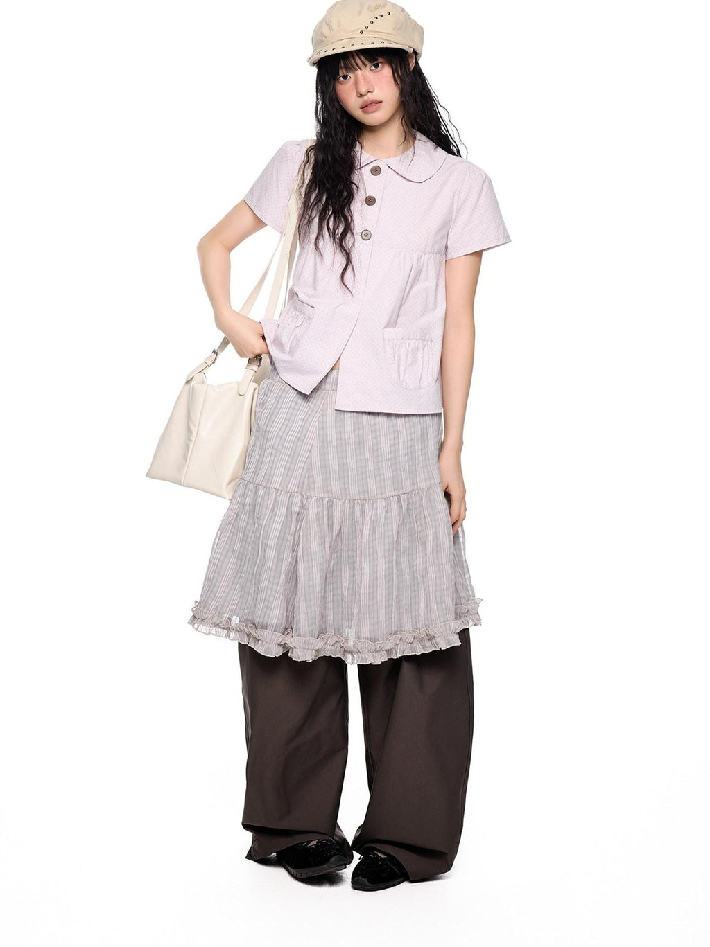 EZEK Checked Splice Bubble Gauze Pocket Women's Polyester Breathable Tiered Skirts
