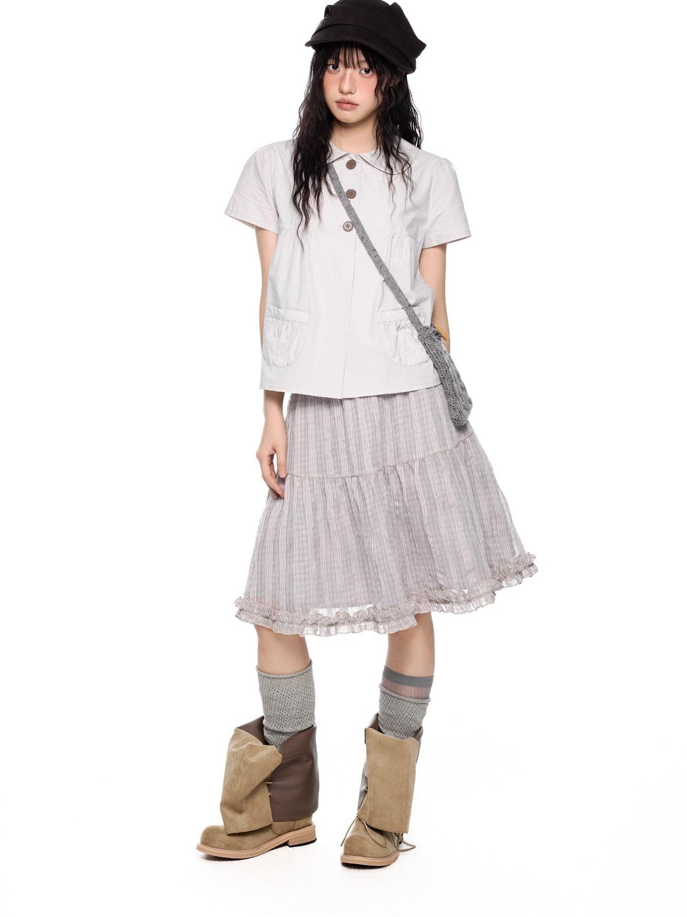 EZEK Checked Splice Bubble Gauze Pocket Women's Polyester Breathable Tiered Skirts