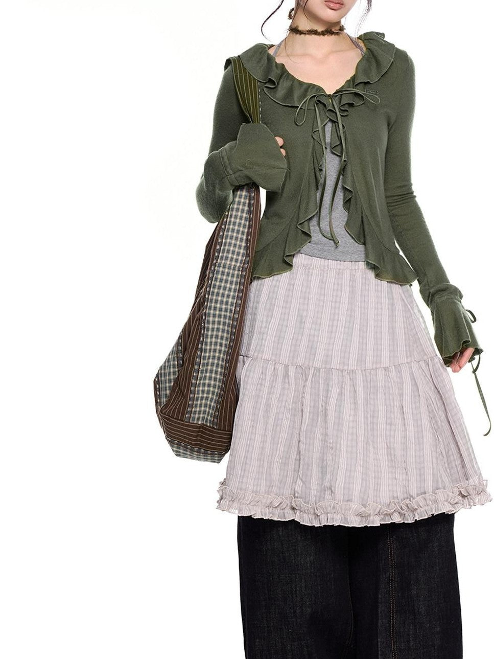 EZEK Checked Splice Bubble Gauze Pocket Women's Polyester Breathable Tiered Skirts