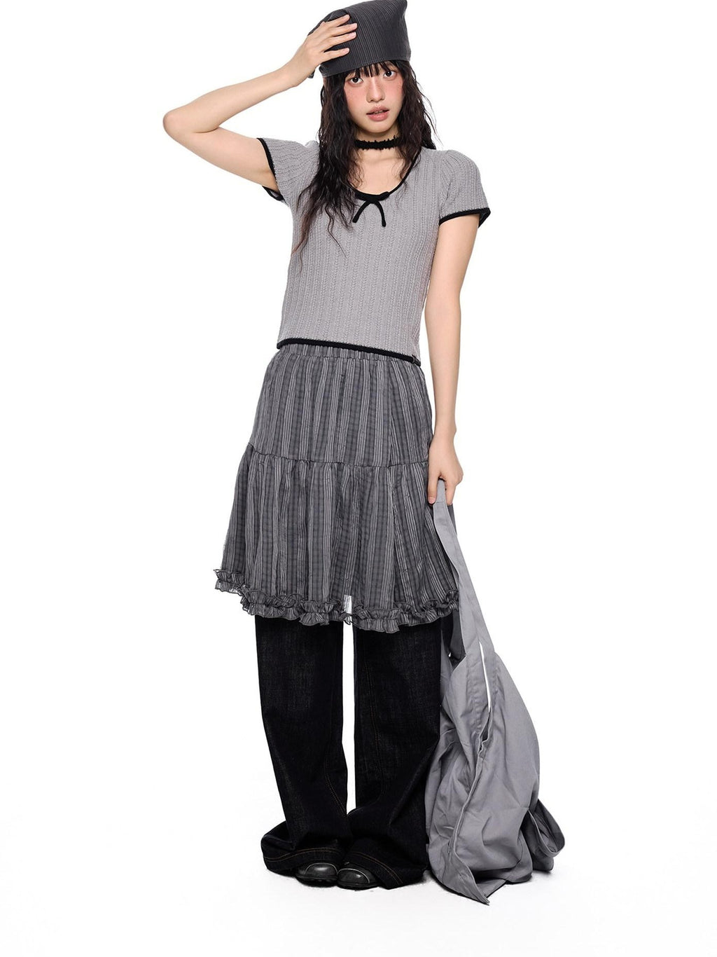 EZEK Checked Splice Bubble Gauze Pocket Women's Polyester Breathable Tiered Skirts