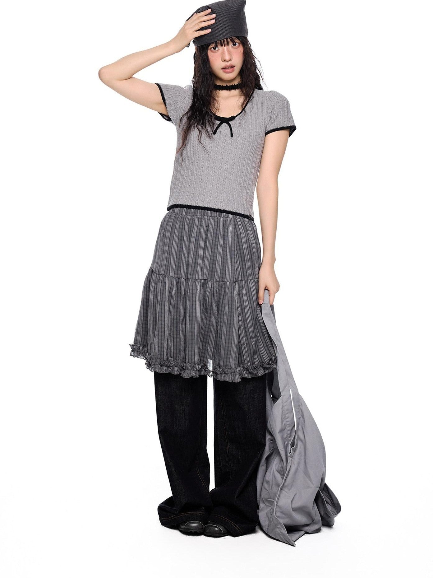 EZEK Checked Splice Bubble Gauze Pocket Women's Polyester Breathable Tiered Skirts