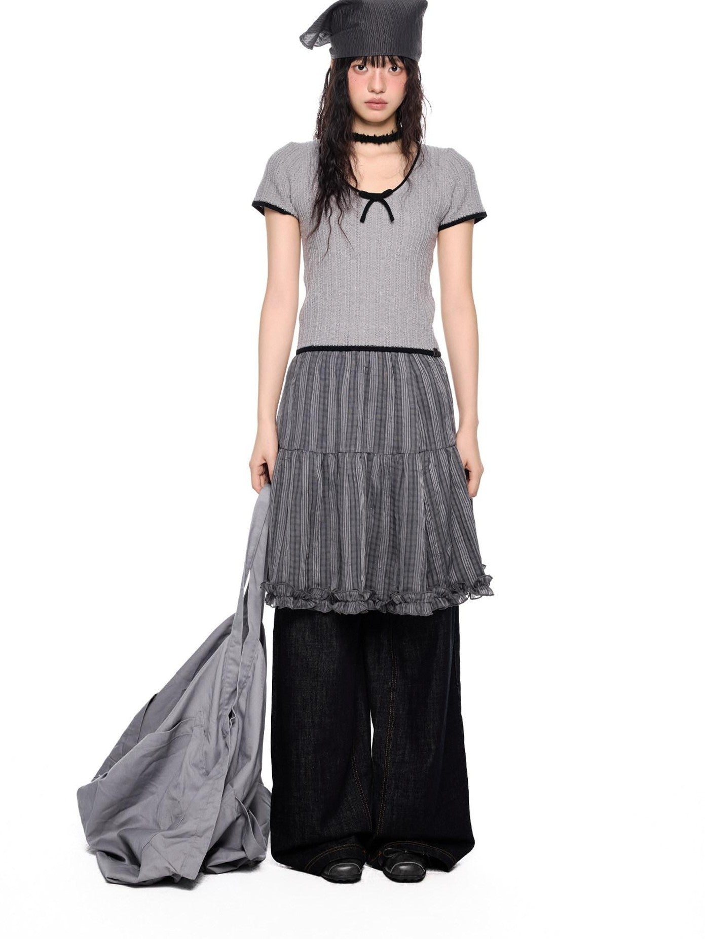 EZEK Checked Splice Bubble Gauze Pocket Women's Polyester Breathable Tiered Skirts
