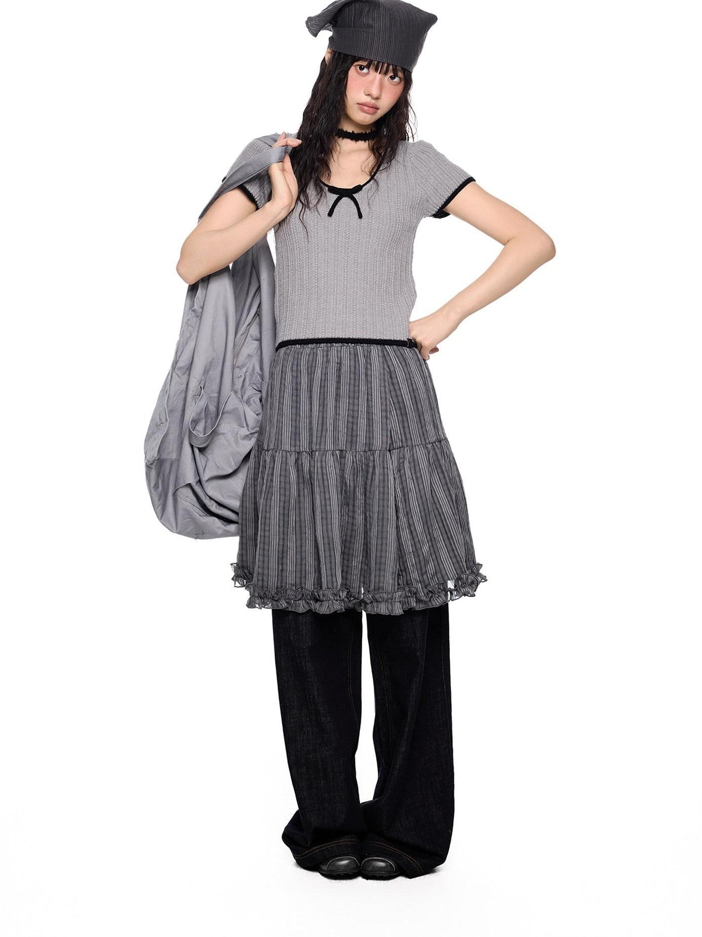 EZEK Checked Splice Bubble Gauze Pocket Women's Polyester Breathable Tiered Skirts