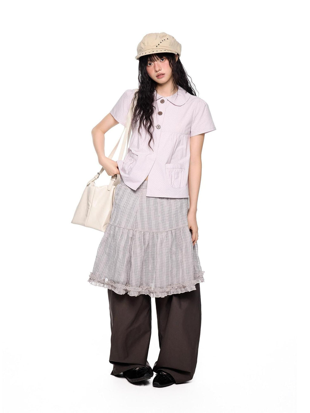EZEK Checked Splice Bubble Gauze Pocket Women's Polyester Breathable Tiered Skirts