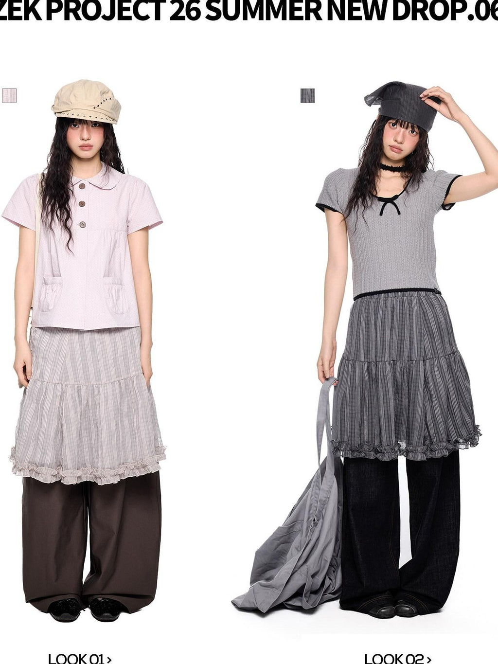 EZEK Checked Splice Bubble Gauze Pocket Women's Polyester Breathable Tiered Skirts