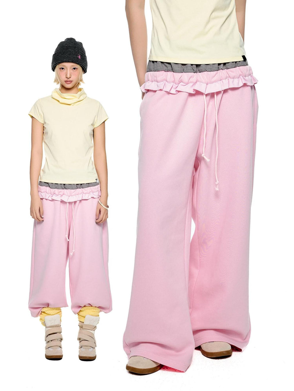 EZEK Checkered Spliced Drawstring Straight Women's Cotton Blend Sweatpants