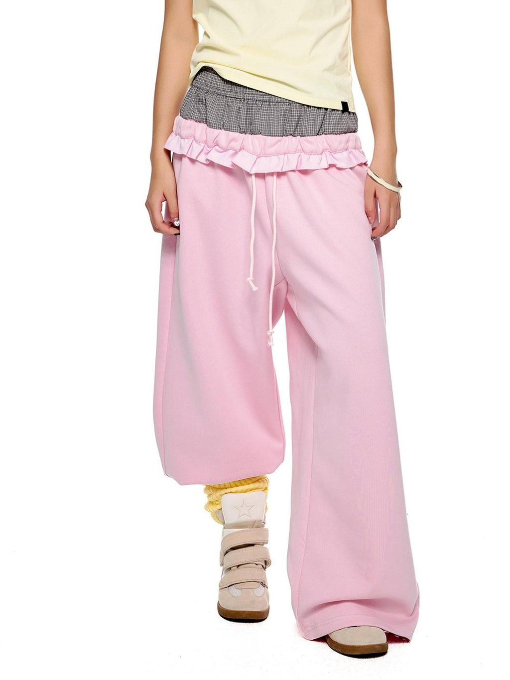 EZEK Checkered Spliced Drawstring Straight Women's Cotton Blend Sweatpants