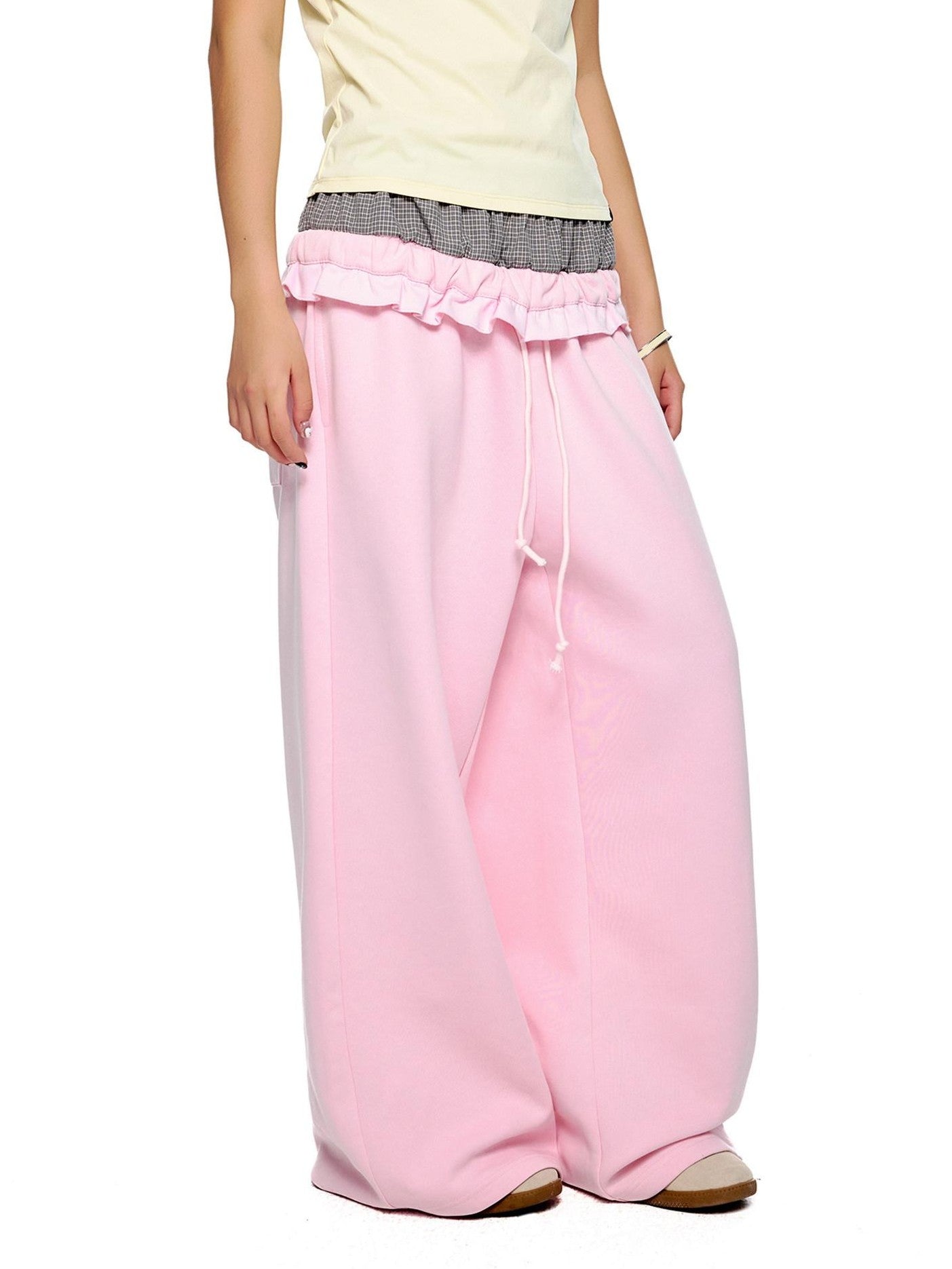 EZEK Checkered Spliced Drawstring Straight Women's Cotton Blend Sweatpants
