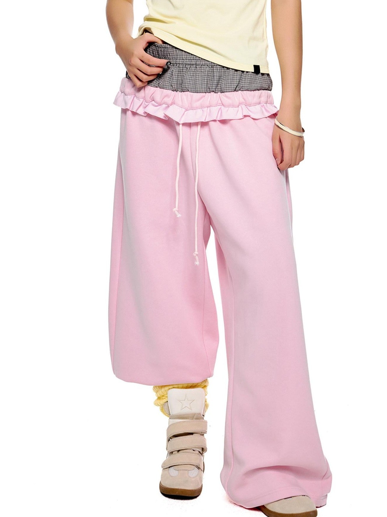 EZEK Checkered Spliced Drawstring Straight Women's Cotton Blend Sweatpants