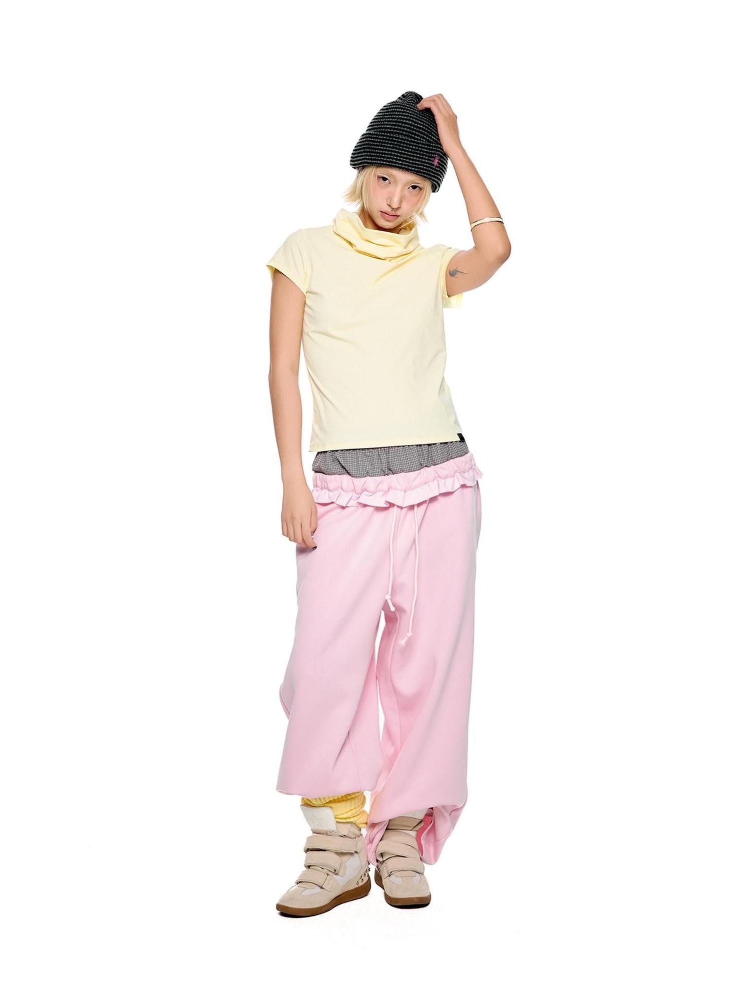 EZEK Checkered Spliced Drawstring Straight Women's Cotton Blend Sweatpants