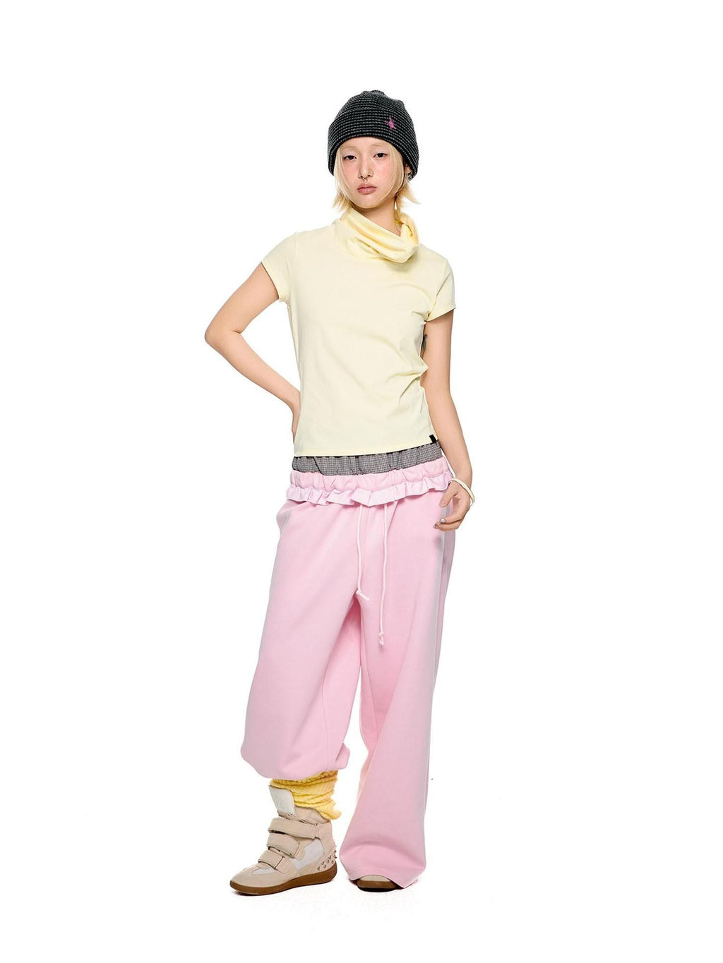 EZEK Checkered Spliced Drawstring Straight Women's Cotton Blend Sweatpants