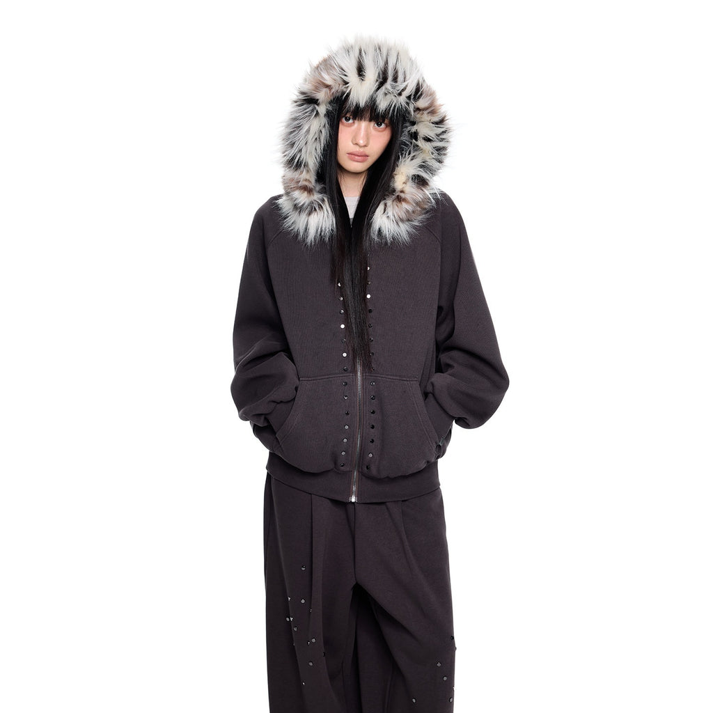 EZEK_Chocolate_Studded_Detachable_Fur_Collar_Women's_Cotton_Blend_Zip-up_Hoodies_999605317781_MISSTT