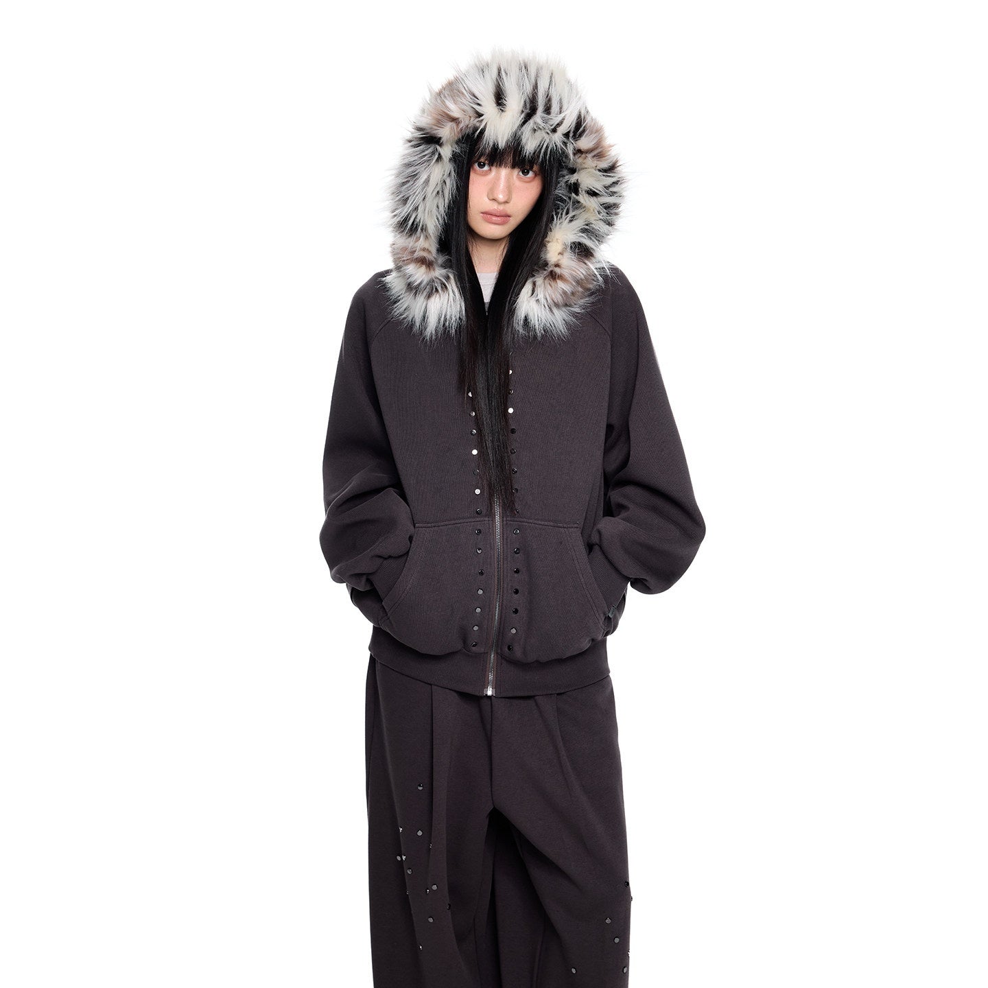 EZEK_Chocolate_Studded_Detachable_Fur_Collar_Women's_Cotton_Blend_Zip-up_Hoodies_999605317781_MISSTT