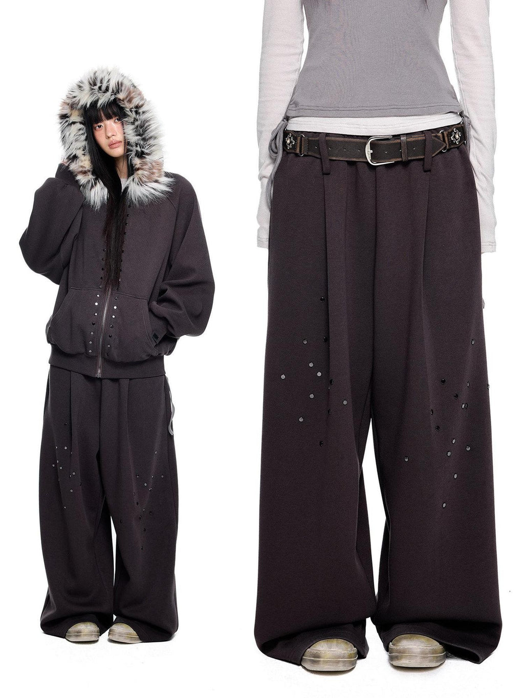 EZEK Chocolate Studded Detachable Fur Collar Women's Cotton Blend Zip-up Hoodies