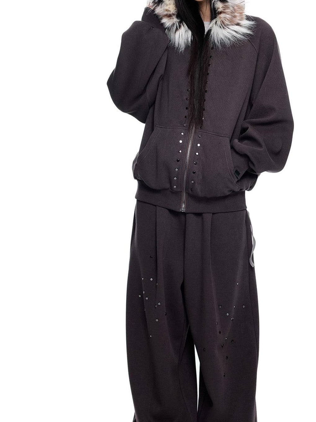 EZEK Chocolate Studded Detachable Fur Collar Women's Cotton Blend Zip-up Hoodies
