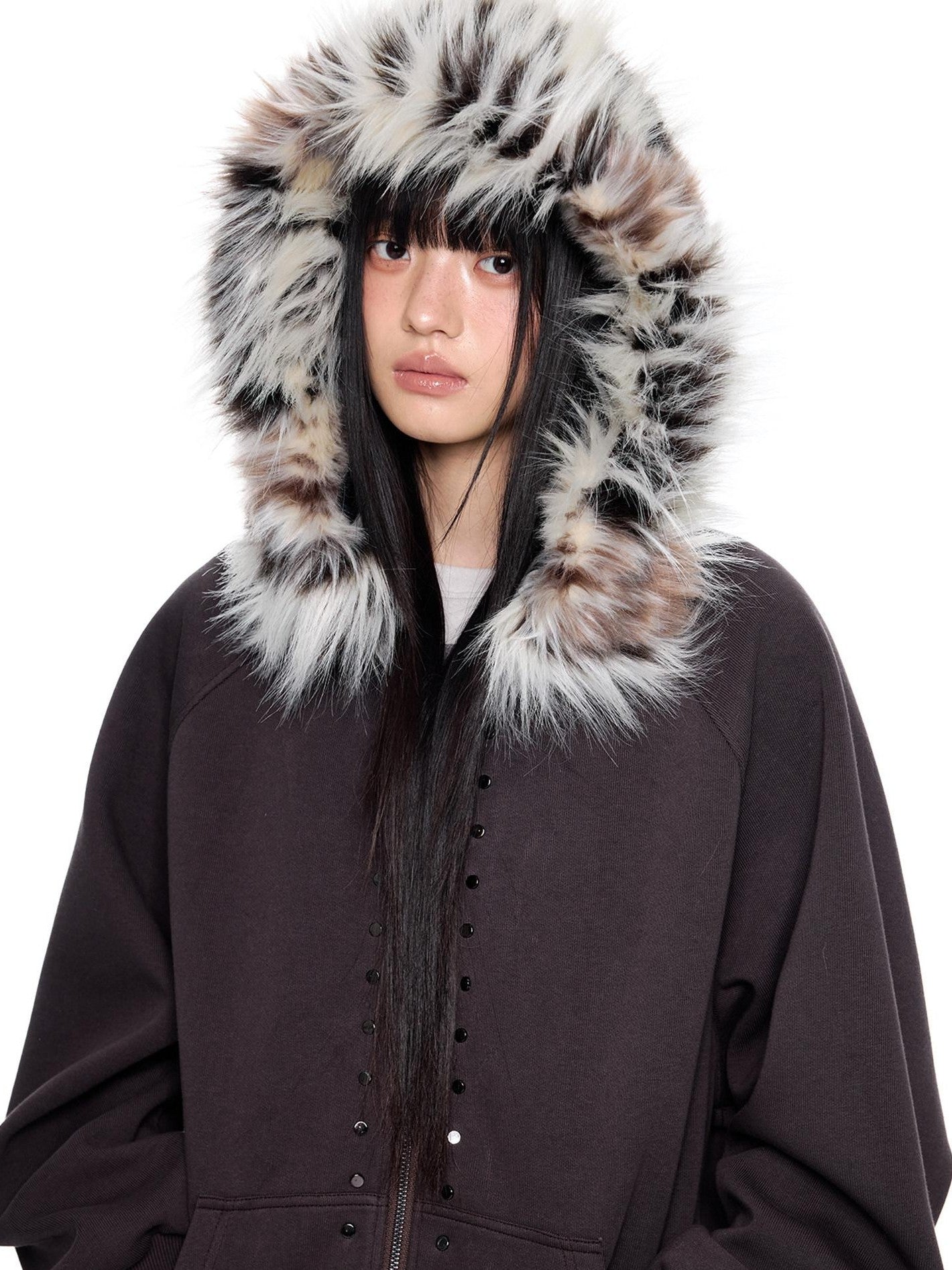 EZEK Chocolate Studded Detachable Fur Collar Women's Cotton Blend Zip-up Hoodies