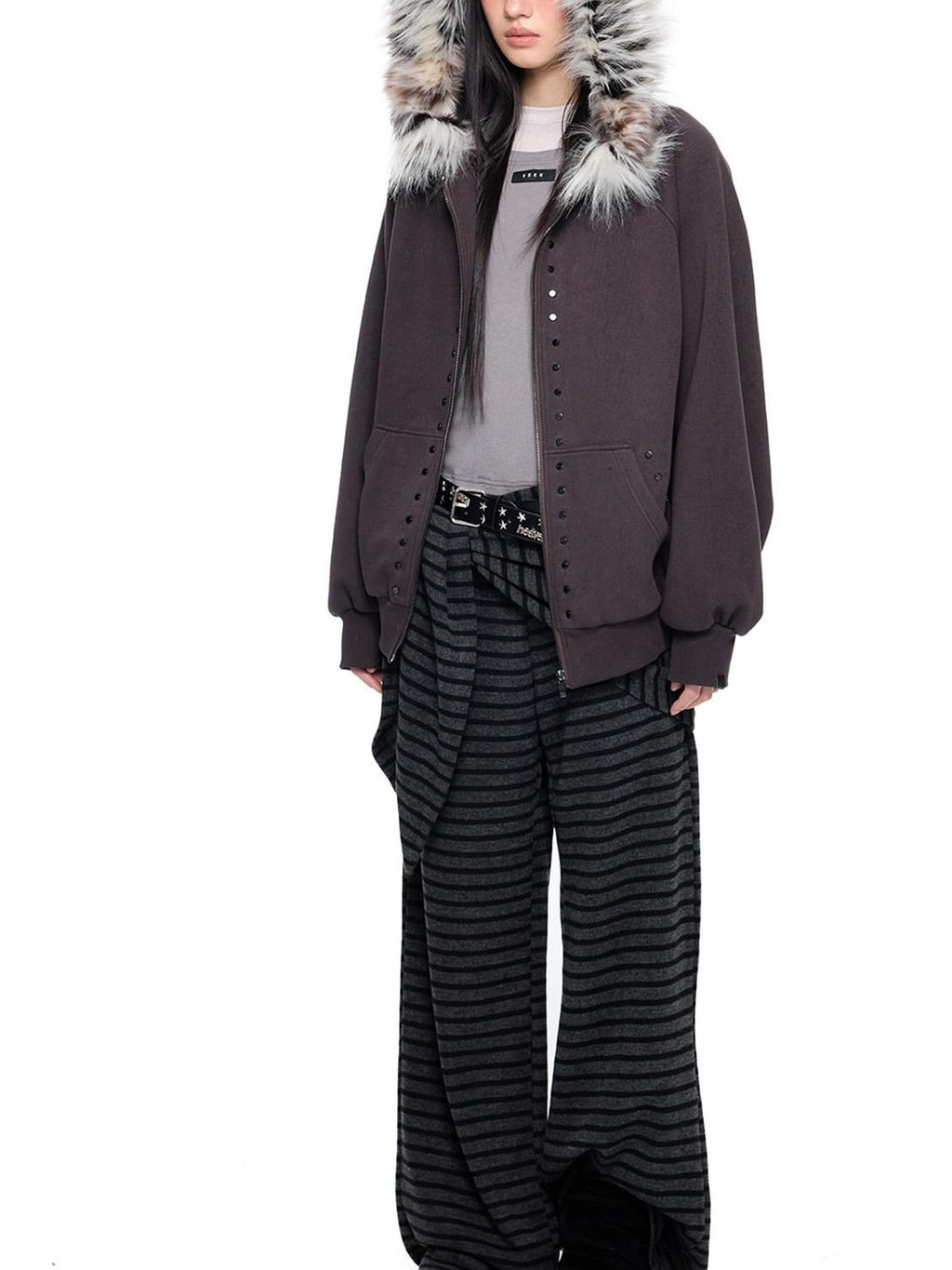 EZEK Chocolate Studded Detachable Fur Collar Women's Cotton Blend Zip-up Hoodies
